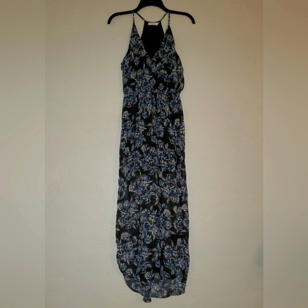LUSH SHEER BLACK BLUE FLOWER MAXI DRESS SLIT SIDE MINI LINED SMALL